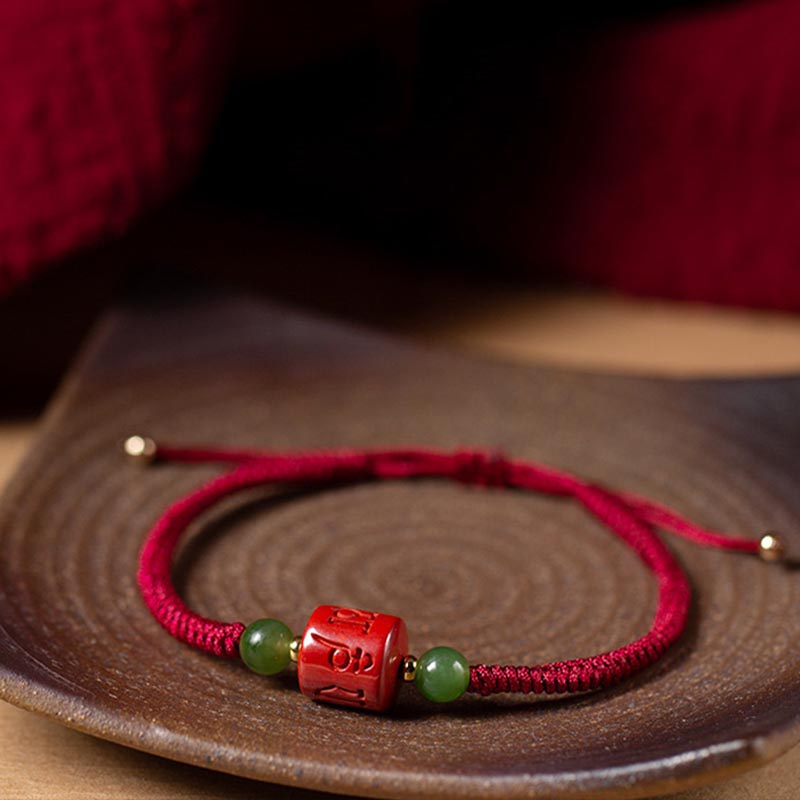 Pulsera de cuerda trenzada con Buddha Stones Tibetam cinabrio Om Mani Padme Hum grabada bendición