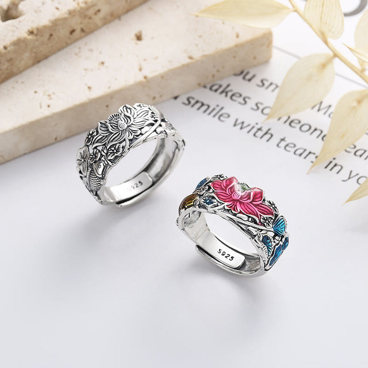 Anillo de prosperidad de flor de loto con pez koi de plata de ley 925 con Buddha Stones