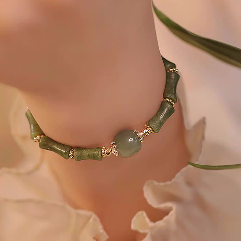 Pulsera de la suerte con patrón de bambú de jade hetiano, peridoto chapado en cobre de 14 quilates con Buddha Stones