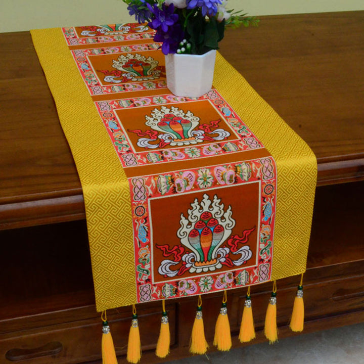 Tapete para altar de oración con Buddha Stones , Man-Bcu, Kalachakra, nudo sin fin, Vajra, símbolos propicios tibetanos, camino de mesa con borlas