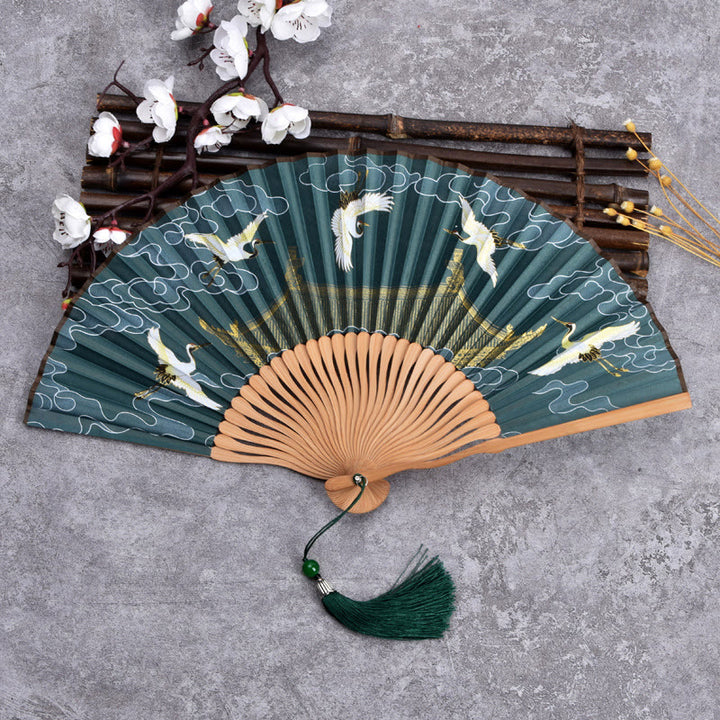 Abanico plegable de bambú de mano con diseño de grulla de nube vintage de Buddha Stones