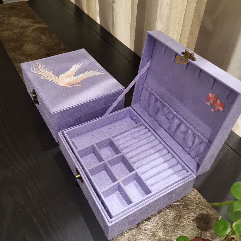 Caja organizadora de joyería de Fénix púrpura con Buddha Stones , caja de almacenamiento de joyería de dos capas, caja de franela