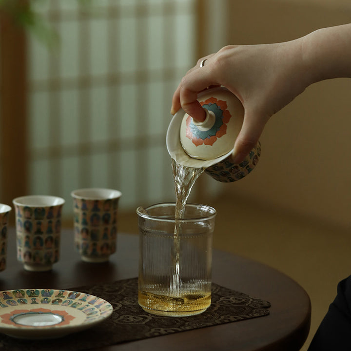Buddha Stones Dunhuang Color mil Budas volando Apsaras patrón Gaiwan taza de té Kung Fu con tapa