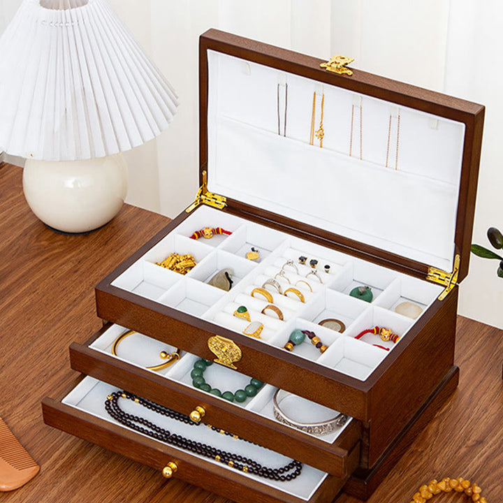 Caja de joyería de madera retro con Buddha Stones, caja de almacenamiento de joyas de tres capas