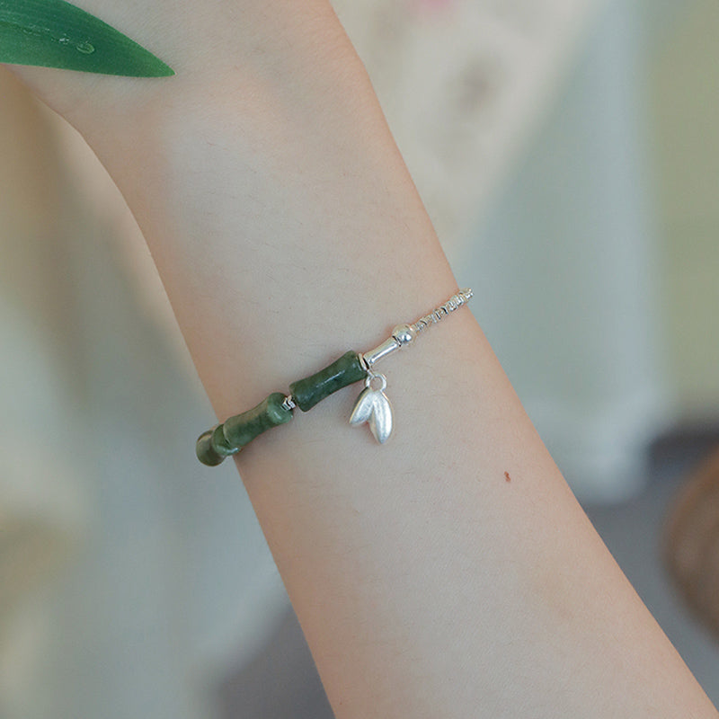 Pulsera de la suerte con diseño de bambú y peridoto de plata de ley 925 con Buddha Stones