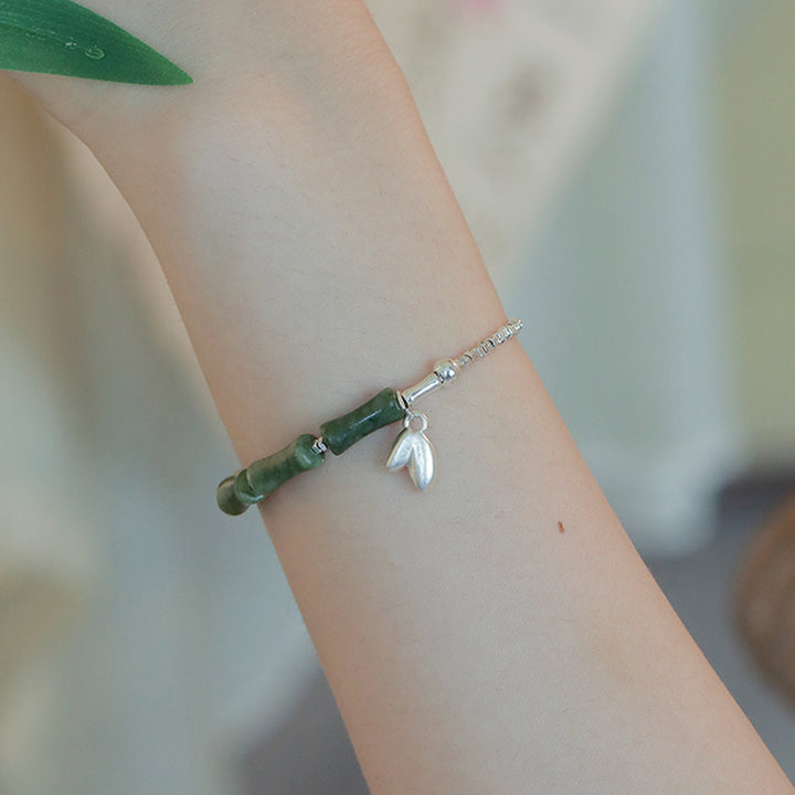 Pulsera de la suerte con diseño de bambú y peridoto de plata de ley 925 con Buddha Stones