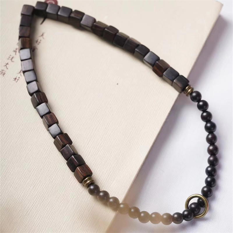 Pulsera de doble vuelta con cuentas cuadradas de madera de ébano del Tíbet y Buddha Stones
