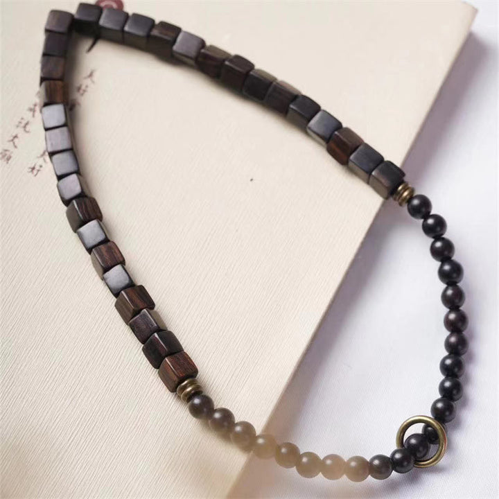 Pulsera de doble vuelta con cuentas cuadradas de madera de ébano del Tíbet y Buddha Stones