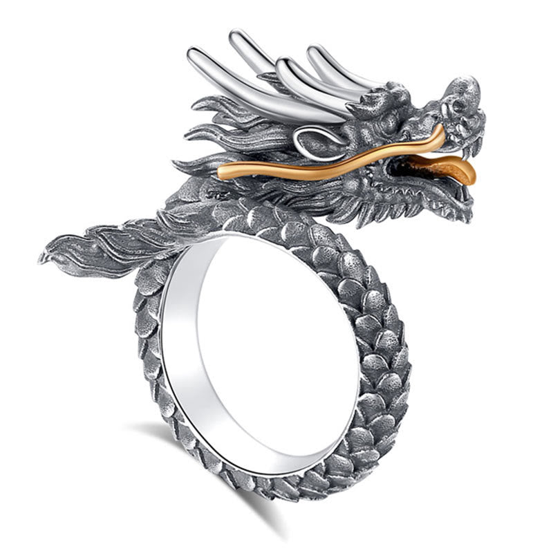 Anillo ajustable de fuerza de protección con diseño de dragón vintage de plata de ley 925 con Buddha Stones