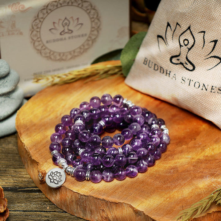 Pulsera Mala de Purificación de Amatista Natural con Buddha Stones