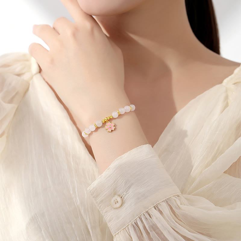 Pulsera de protección de flor de cerezo de jade blanco hetiano de plata de ley 925 con Buddha Stones