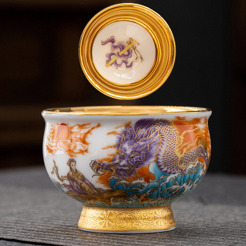 Taza de té de cerámica dorada con Buddha Stones, águila dorada, dragón auspicioso, sol, olas del océano, taza de té de Kung Fu