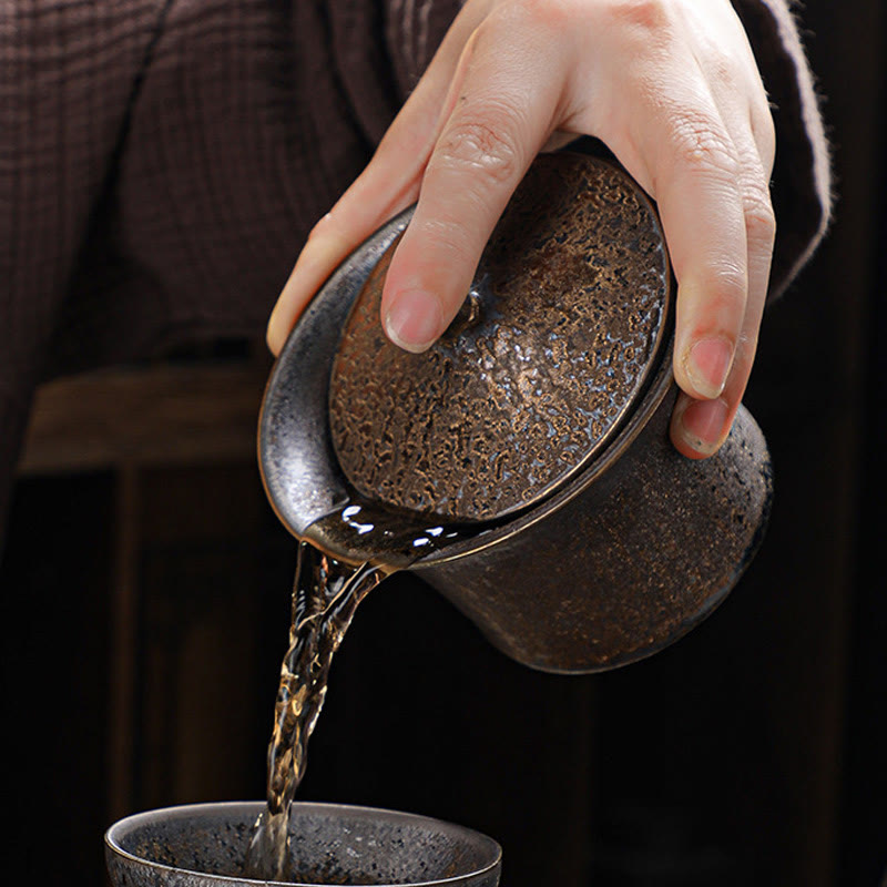 Taza de té y platillo de cerámica con esmalte de óxido Retro, Buddha Stones , Gaiwan Sancai, Kung Fu, con tapa