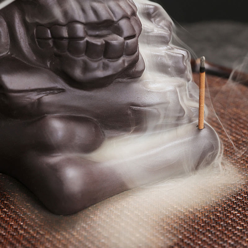 Buddha Stones, cabeza de calavera de Halloween, decoración de quemador de incienso curativo de arcilla púrpura