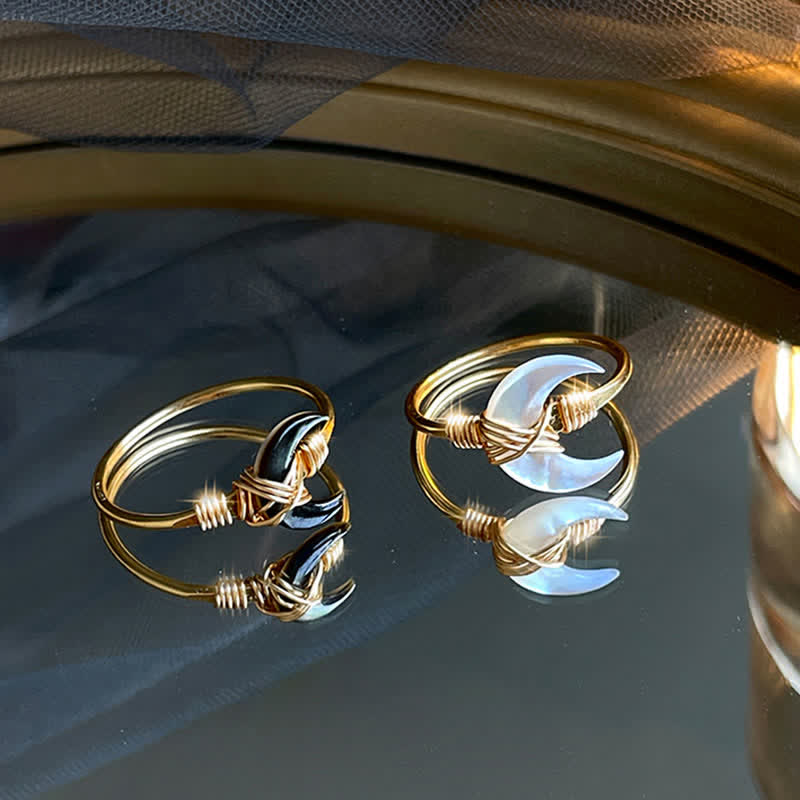 Buddha Stones Anillo de bendición de oro de 14 quilates con piedra Tridacna natural y luna - image 1