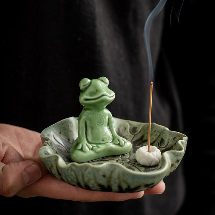 Quemador de incienso de cerámica curativo con patrón de rana para meditación de hojas de Buddha Stones, decoración