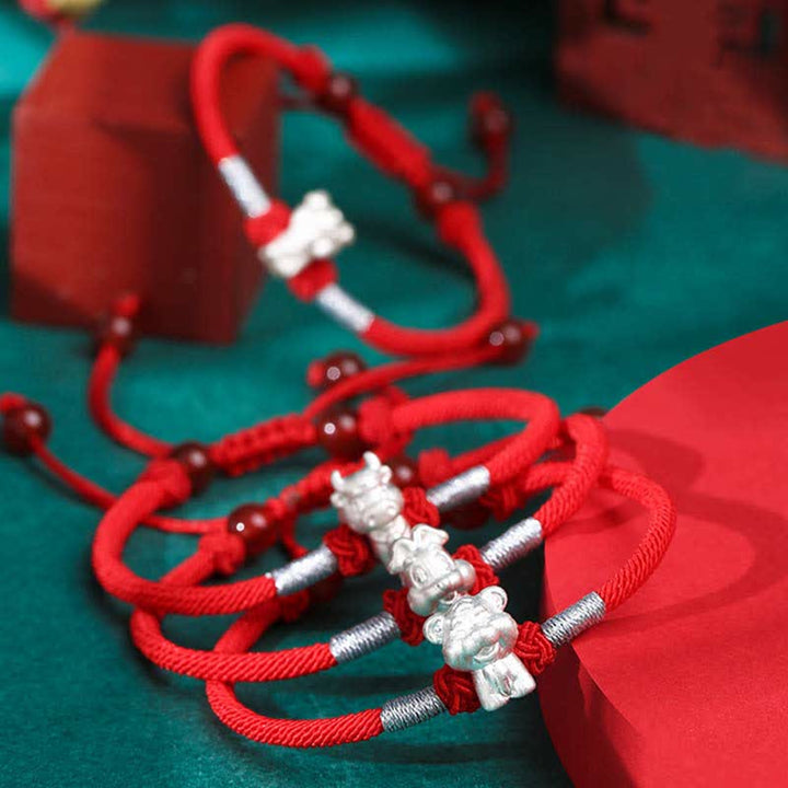 Pulsera de hilo rojo de la fuerza de la suerte del zodíaco chino de plata de ley 999 con Buddha Stones