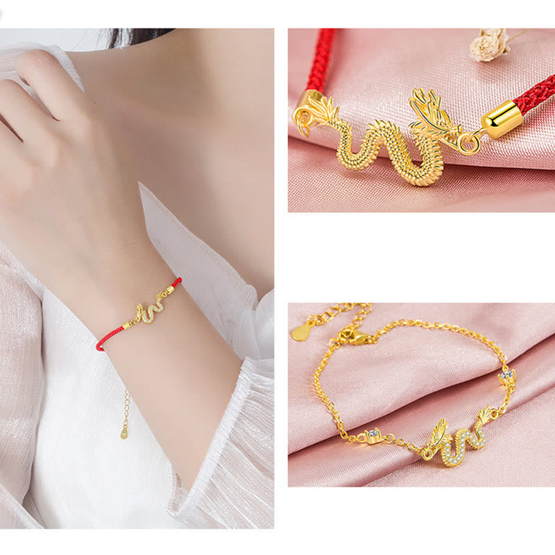 Pulsera de cadena de cuerda roja de la suerte del dragón dorado del Año del Dragón de Plata de Ley 925 con Buddha Stones