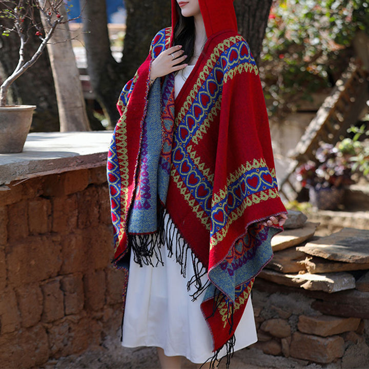 Mantón tibetano de Buddha Stones , capa con capucha y borla de corazón de amor rojo, bufanda de viaje acogedora para invierno