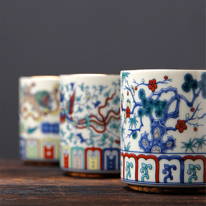 Tazas de té de cerámica con Buddha Stones, Vintage, flor de ciruelo, pino, bambú, Phoenix, Kirin, León, baile