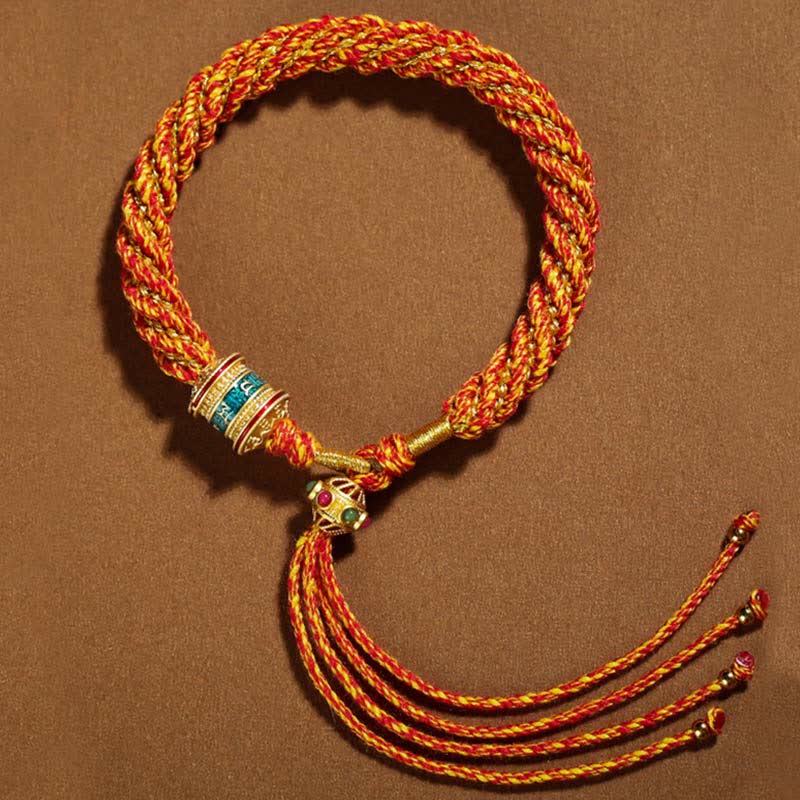 Pulsera de cuerda tejida con dije de rueda de oración Thangka de la suerte hecha a mano tibetana con Buddha Stones