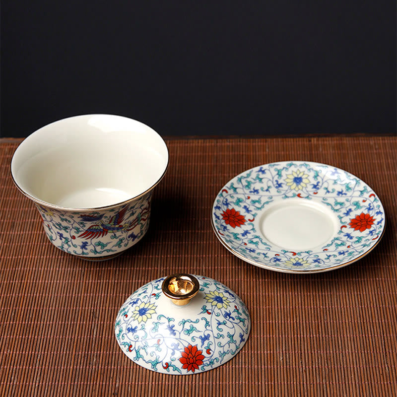 Buddha Stones Retro, flor de ciruelo, pino, bambú, Phoenix Kirin, cerámica Gaiwan Sancai, taza de té de Kung Fu y platillo con tapa