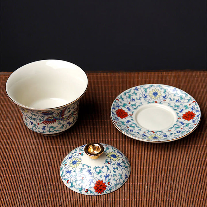 Buddha Stones Retro, flor de ciruelo, pino, bambú, Phoenix Kirin, cerámica Gaiwan Sancai, taza de té de Kung Fu y platillo con tapa