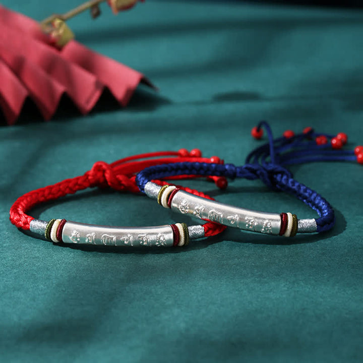 Pulsera de hilo de protección Om Mani Padme Hum de plata de ley 999 con Buddha Stones