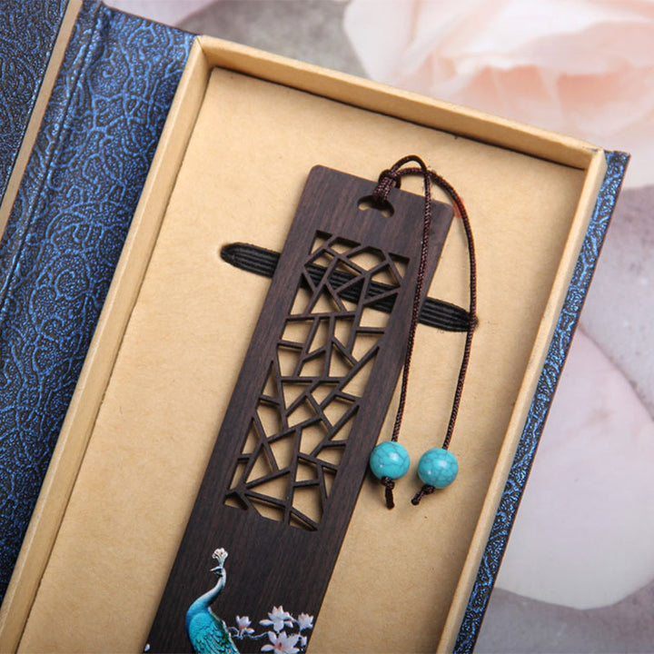 Marcadores de libros de madera de ébano y pavo real azul con Buddha Stones y caja de regalo