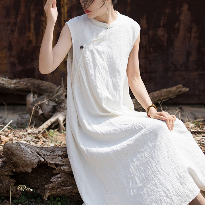 Vestido midi teñido anudado hecho a mano con Buddha Stones Vestido sin mangas de lino