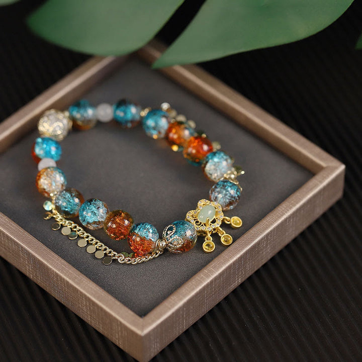Pulsera de la fortuna con dijes de cerradura china con cuentas de vidrio Liuli coloridas de Buddha Stones