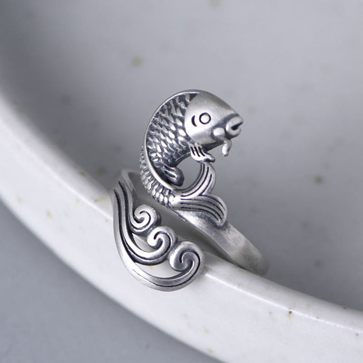 Anillo de plata de ley 925 con Buddha Stones , pez koi, ondulación de agua, suerte y riqueza