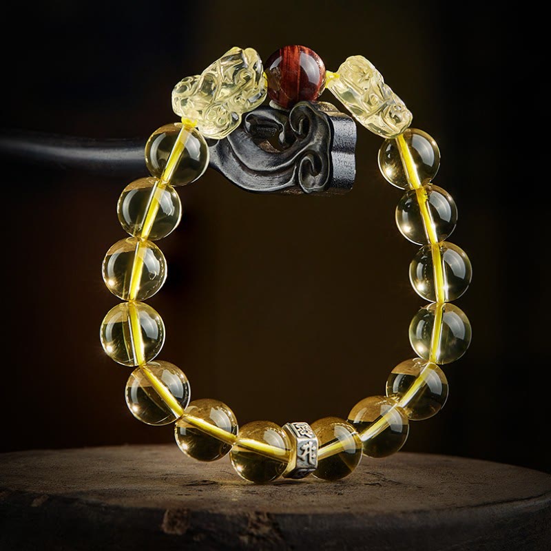 Pulsera de protección de prosperidad de ojo de tigre doble PiXiu de citrino natural de Buddha Stones