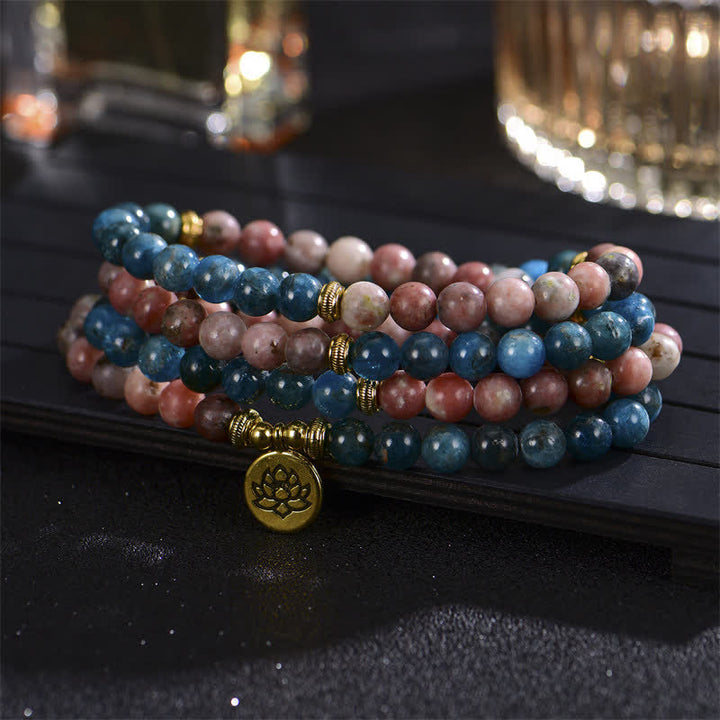Buddha Stones Lazurita Jaspe Picasso Amazonita Rodonita Apatita Pulsera de cuentas de oración de loto positivo