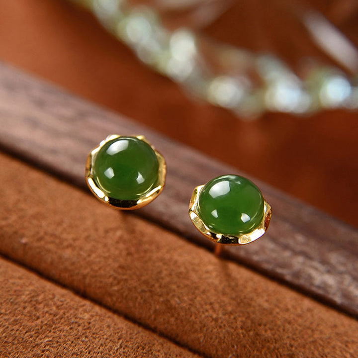 Pendientes de tuerca de la suerte con cuentas de jade cian hetiano natural chapado en plata de ley 925 con Buddha Stones