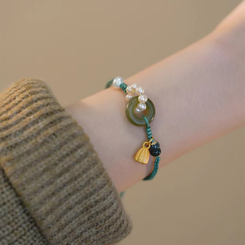 Pulsera trenzada hecha a mano con Buddha Stones, jade hetiano natural, hebilla de la paz, perla de la suerte