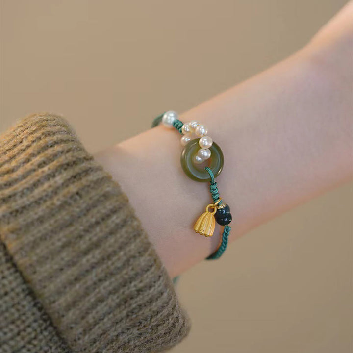 Pulsera trenzada hecha a mano con Buddha Stones, jade hetiano natural, hebilla de la paz, perla de la suerte