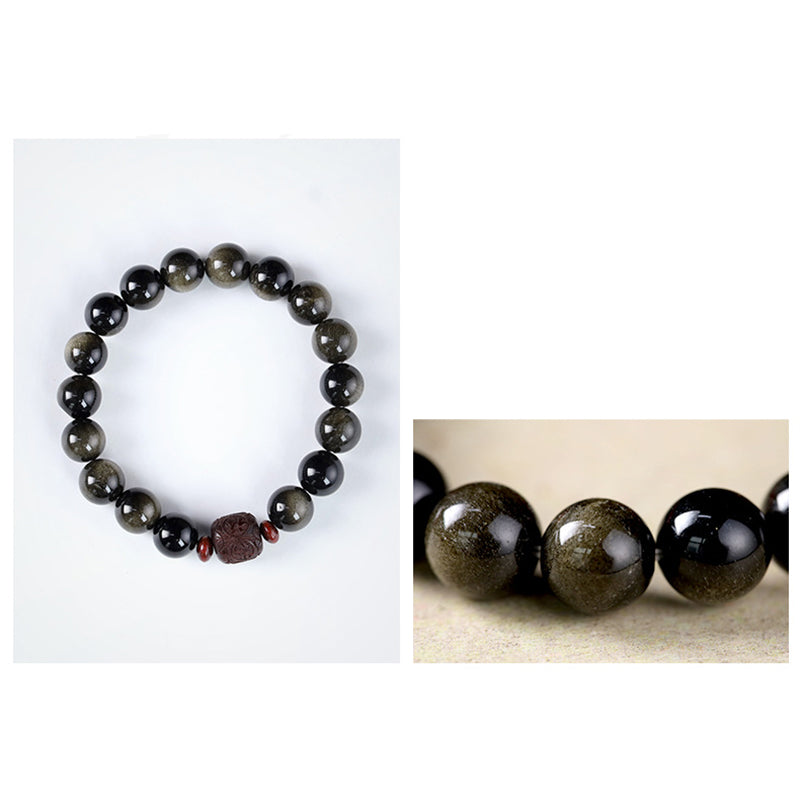 Pulsera curativa con carácter de obsidiana arcoíris de obsidiana con brillo de oro natural con Buddha Stones Om Mani Padme Hum Fu