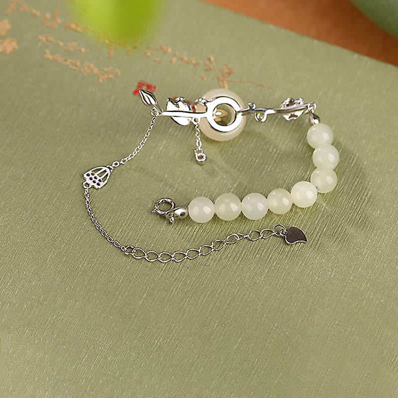 Pulsera de cadena de la suerte de loto con hebilla de la paz de jade hetiano de plata de ley 925 con Buddha Stones