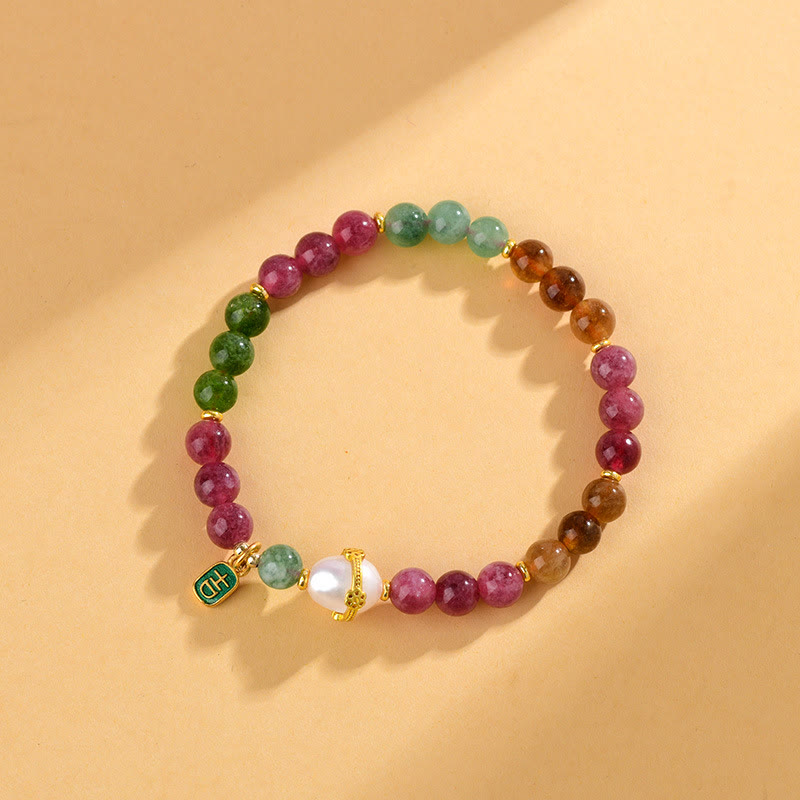 Pulsera de la sabiduría del encanto del carácter auspicioso de la perla de turmalina multicolor natural de las Buddha Stones