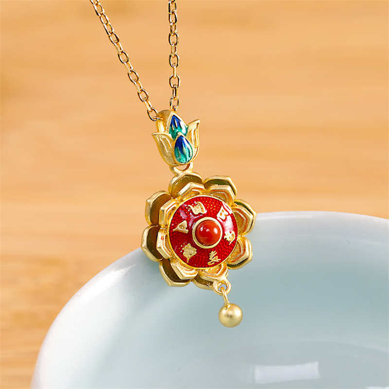 Colgante de plata de ley 925 con rueda de oración de loto del Tíbet y ágata roja - Collar - image 1