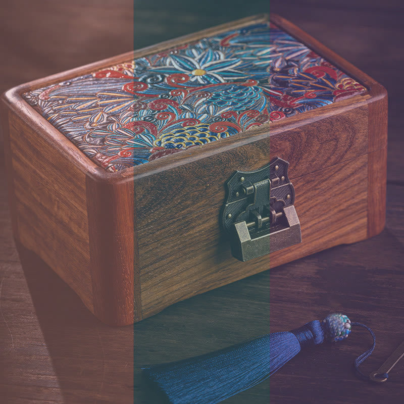 Caja de almacenamiento de joyería de palisandro con estampado floral hecha a mano retro, caja organizadora de regalo de madera con cerradura