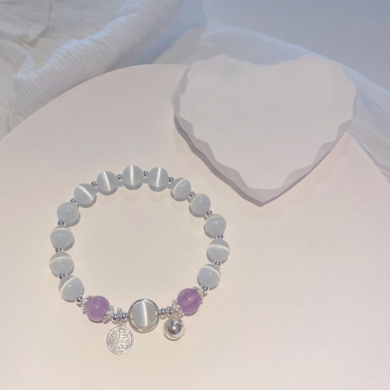 Pulsera de soporte con dije de campana con personaje Fu de amatista y ojo de gato con Buddha Stones
