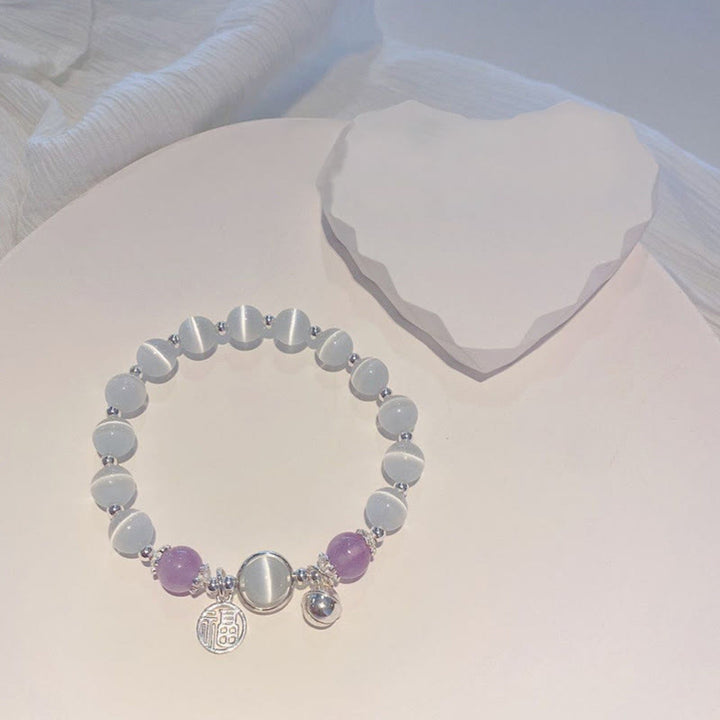 Pulsera de soporte con dije de campana con personaje Fu de amatista y ojo de gato con Buddha Stones