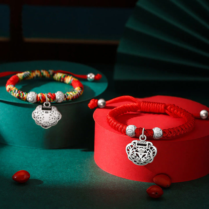 Pulsera de plata de ley 925 con Buddha Stones, candado chino, protección de hilo rojo multicolor, pulsera trenzada hecha a mano para niños