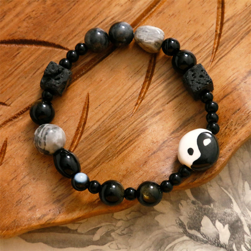 Pulsera de protección de la fortuna Yin Yang con cuentas de jaspe Picasso de ónix negro y Buddha Stones