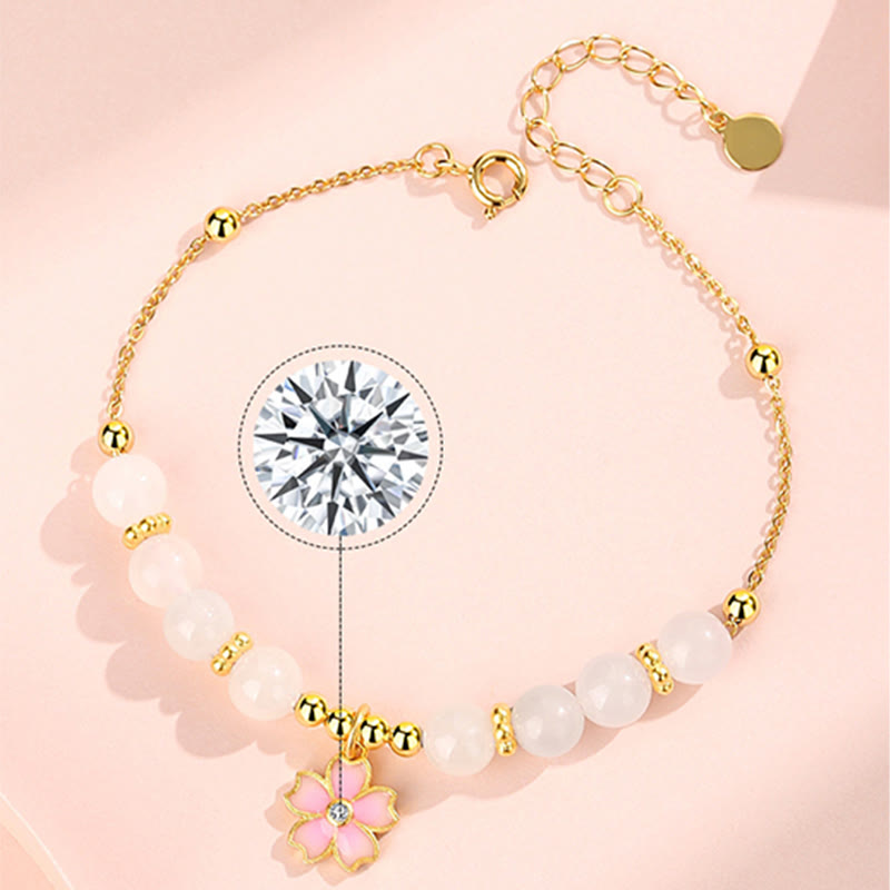 Pulsera de protección de flor de cerezo de jade blanco hetiano de plata de ley 925 con Buddha Stones