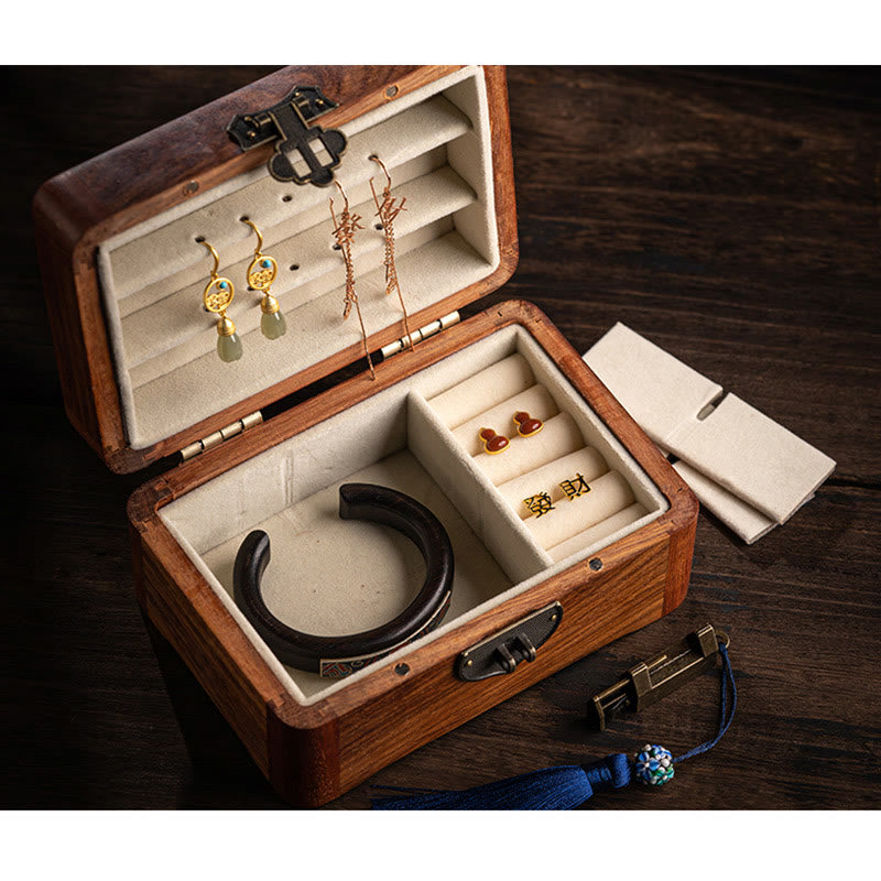 Caja de almacenamiento de joyería de palisandro con estampado floral hecha a mano retro, caja organizadora de regalo de madera con cerradura