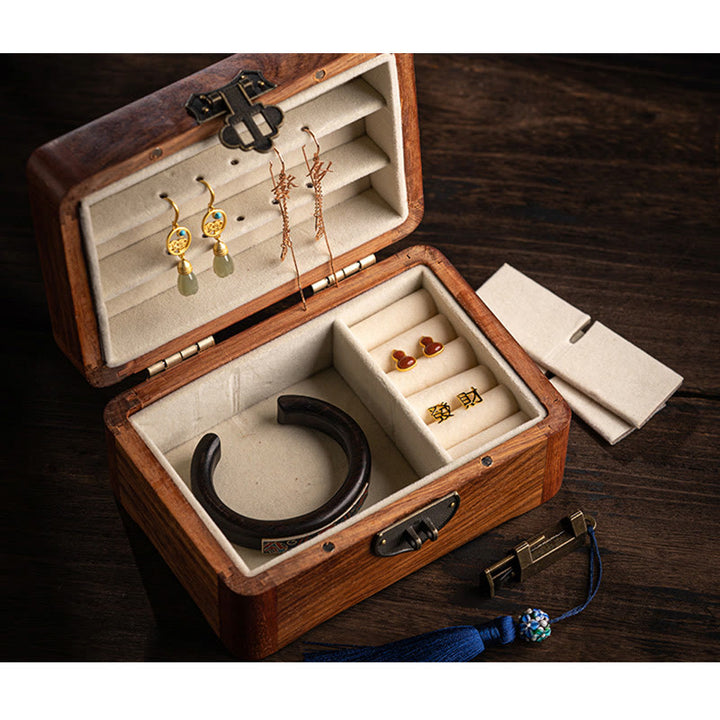 Caja de almacenamiento de joyería de palisandro con estampado floral hecha a mano retro, caja organizadora de regalo de madera con cerradura