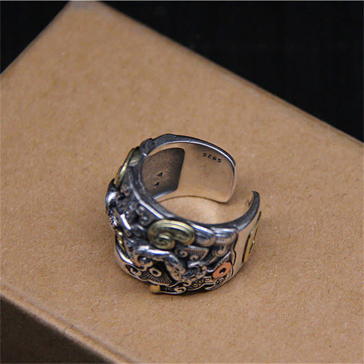 Anillo ajustable de protección de ganado Fengshui Kui de plata de ley 925